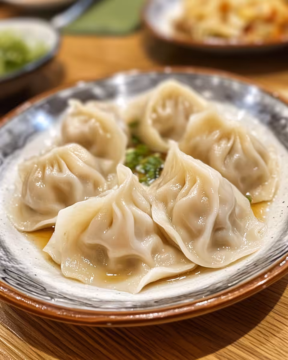 Cooking process for one pan dumplings with ingredients in skillet