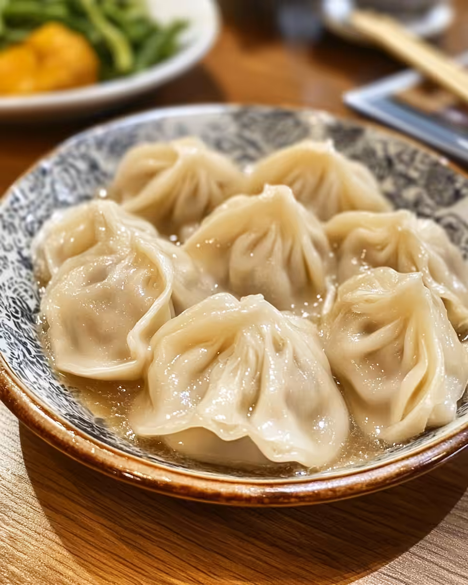 Finished one pan dumpling dish served with garnishes