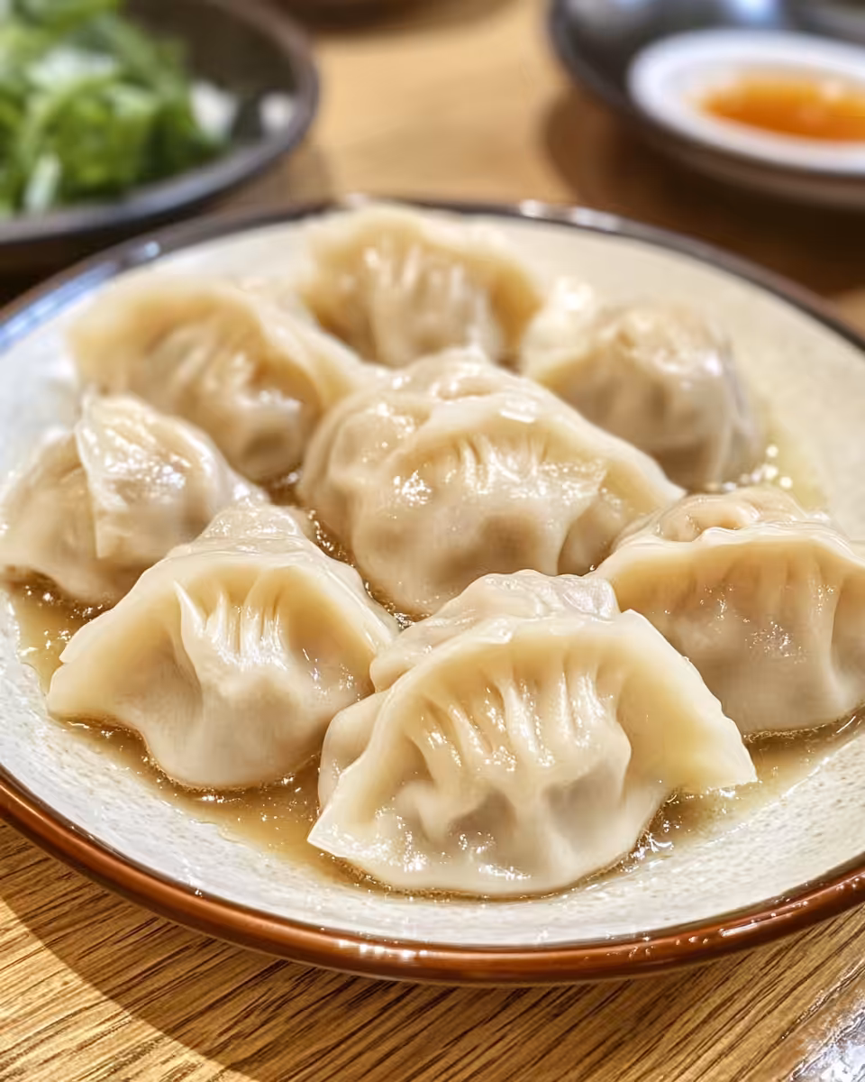One pan dumplings cooking with steam rising in skillet