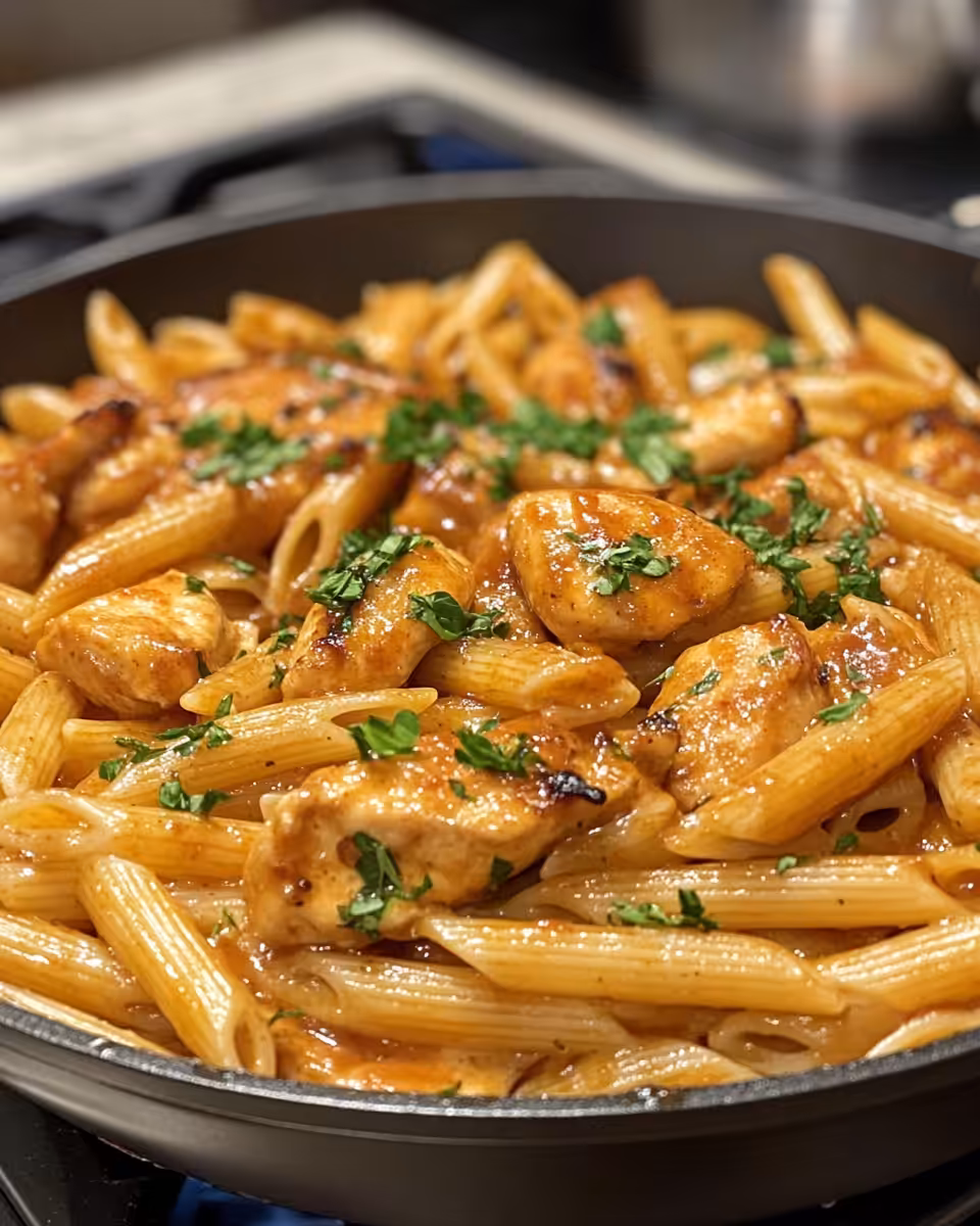 Ingredients for One-Pan Tangy Honey BBQ Chicken Penne prepared and ready to cook in a pan