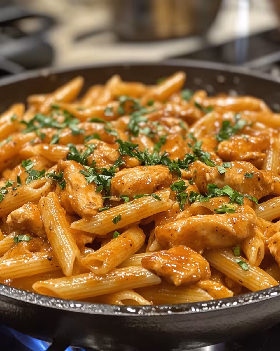 Finished One-Pan Tangy Honey BBQ Chicken Penne served on a plate garnished with parsley and cheese