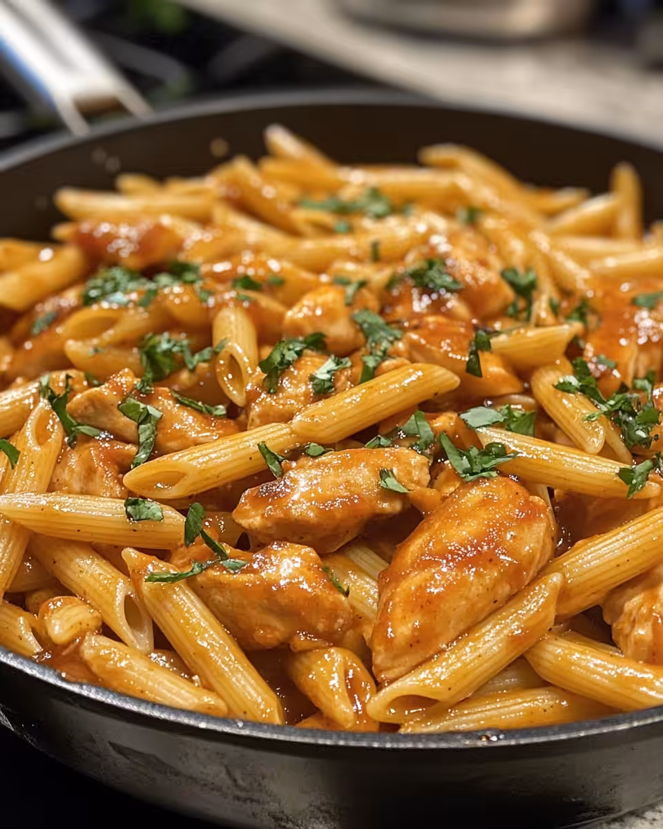 One-Pan Tangy Honey BBQ Chicken Penne in a skillet showing vibrant colors and bubbling sauce