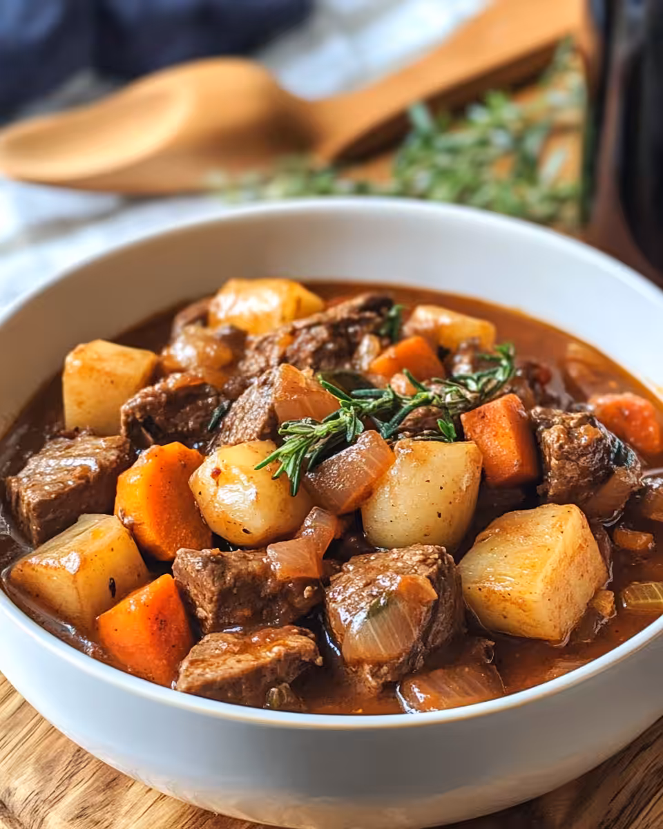 Close-up of simmering vegetables and beef in stew
