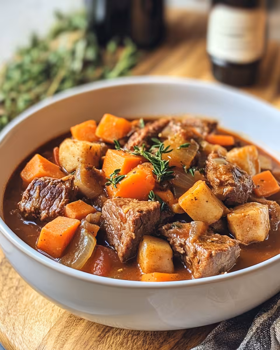 Serving bowl with hearty autumn beef stew and fresh herbs