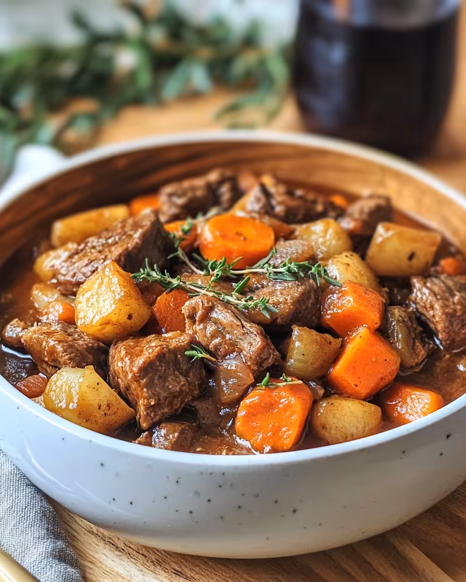 One pot autumn beef stew simmering in pot