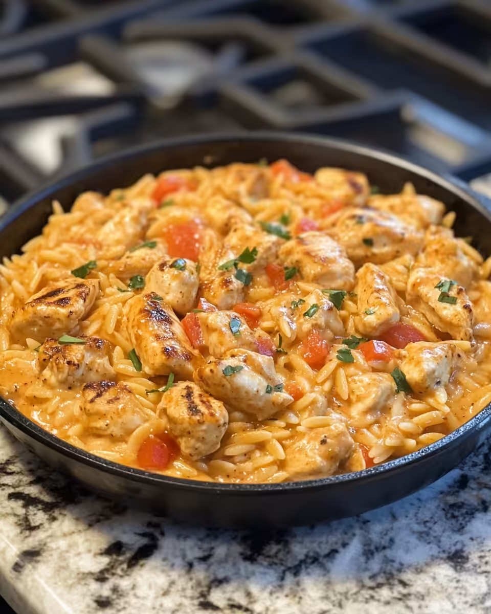 Gluten-free orzo and cream sauce cooking with chicken and sun-dried tomatoes in skillet