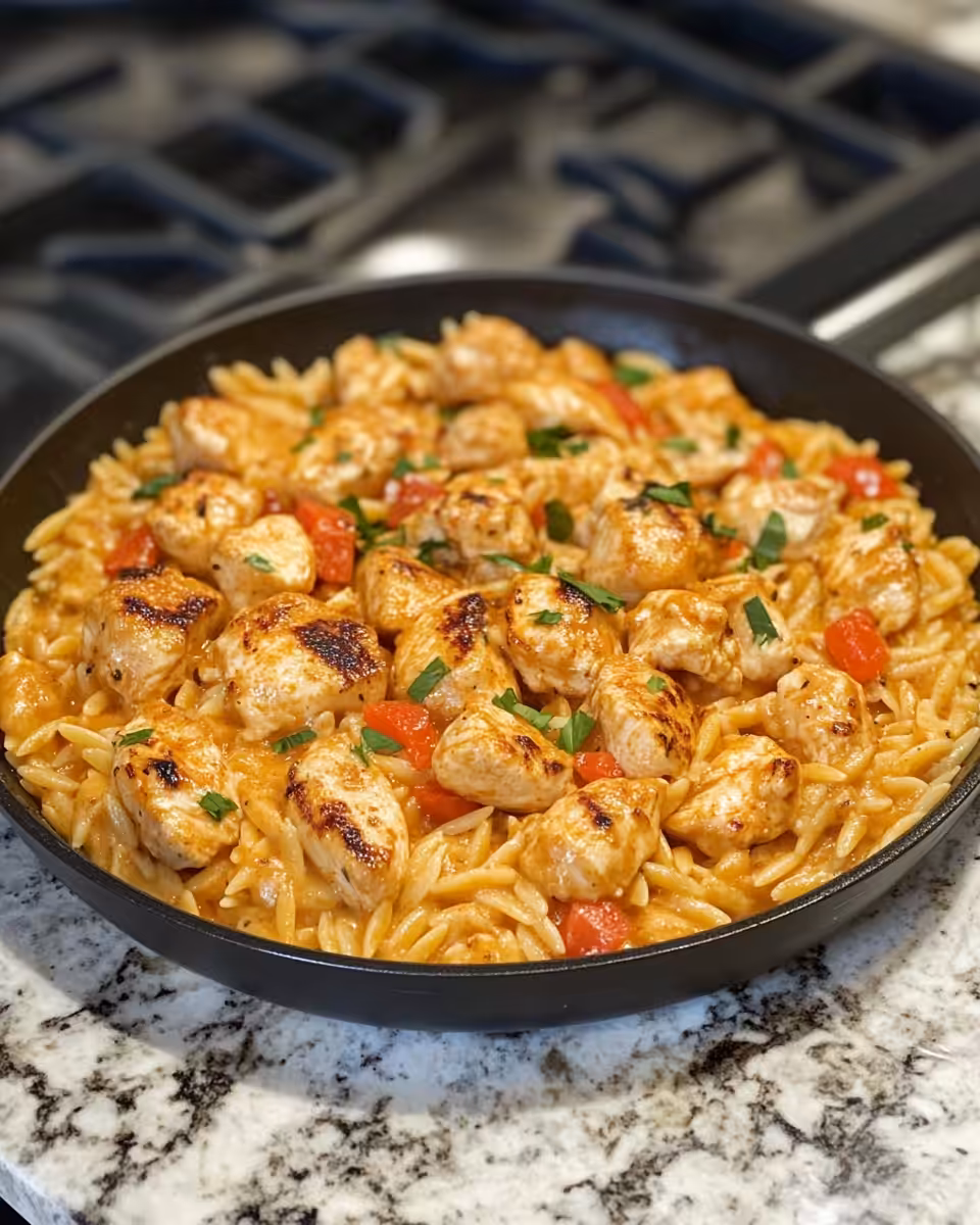Creamy Cajun chicken orzo plated with fresh herbs for serving