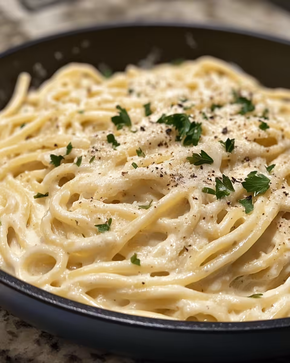 Ingredients for one pot creamy garlic pasta laid out on kitchen counter