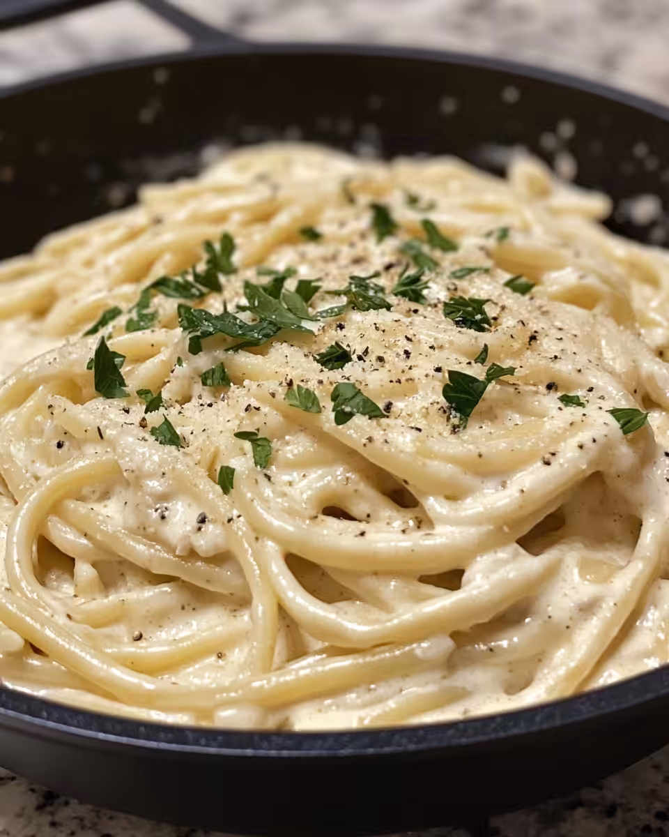 Serving bowl with creamy garlic pasta garnished with parsley ready to eat