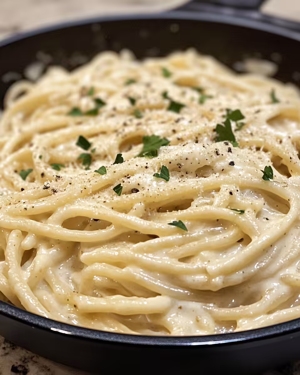 One pot creamy garlic pasta simmering with steam