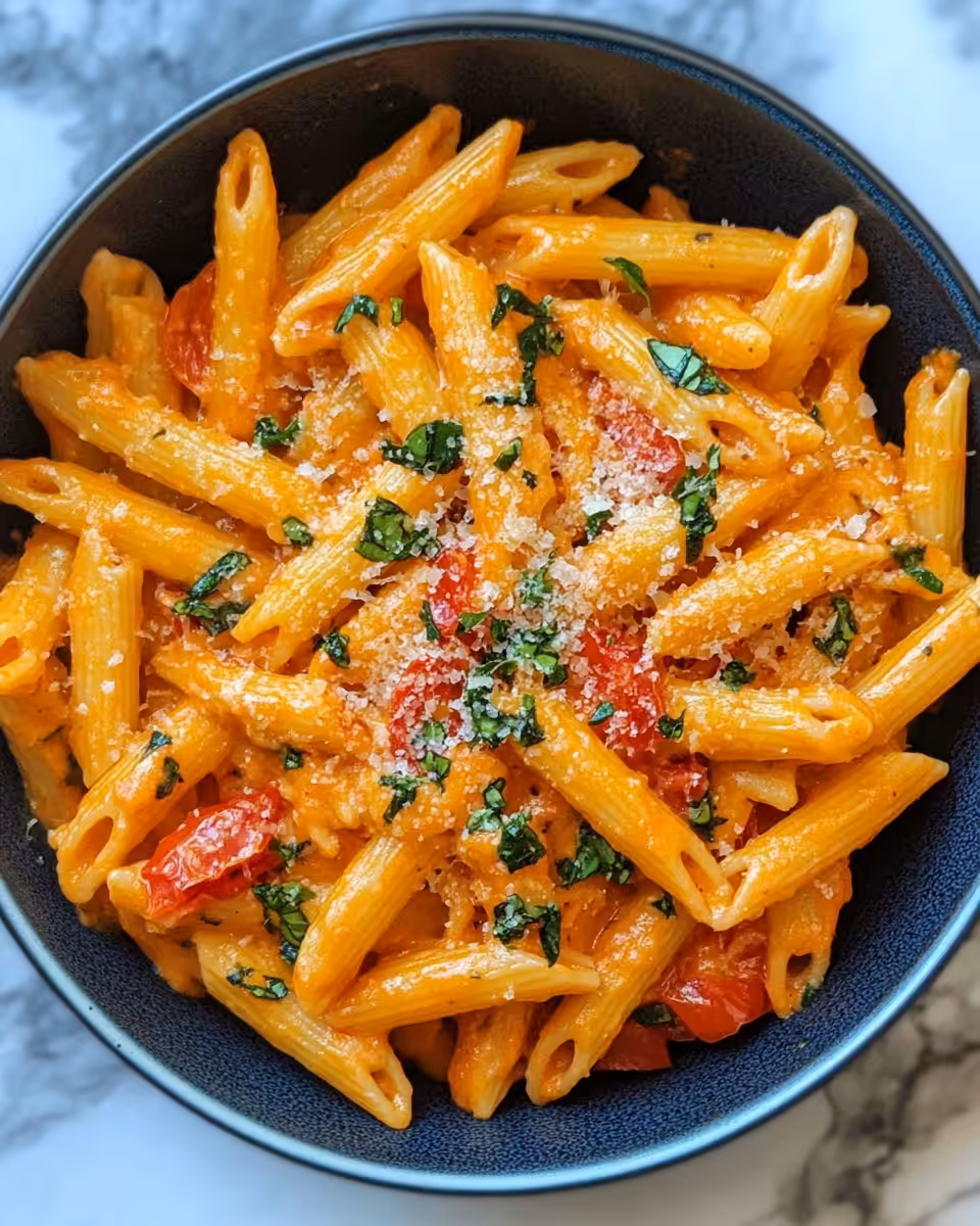 Creamy tomato pasta served with fresh basil and Parmesan