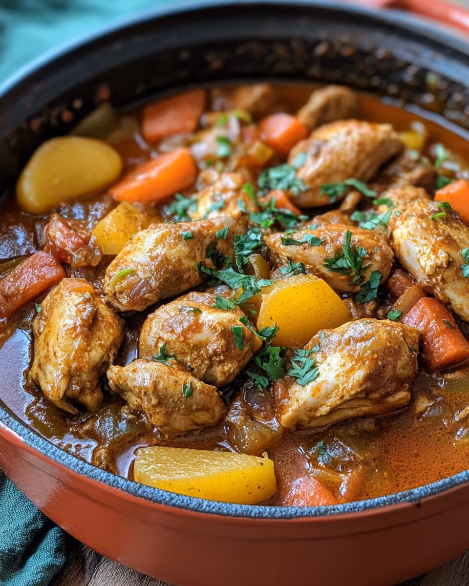 Final plated Moroccan chicken stew served fresh