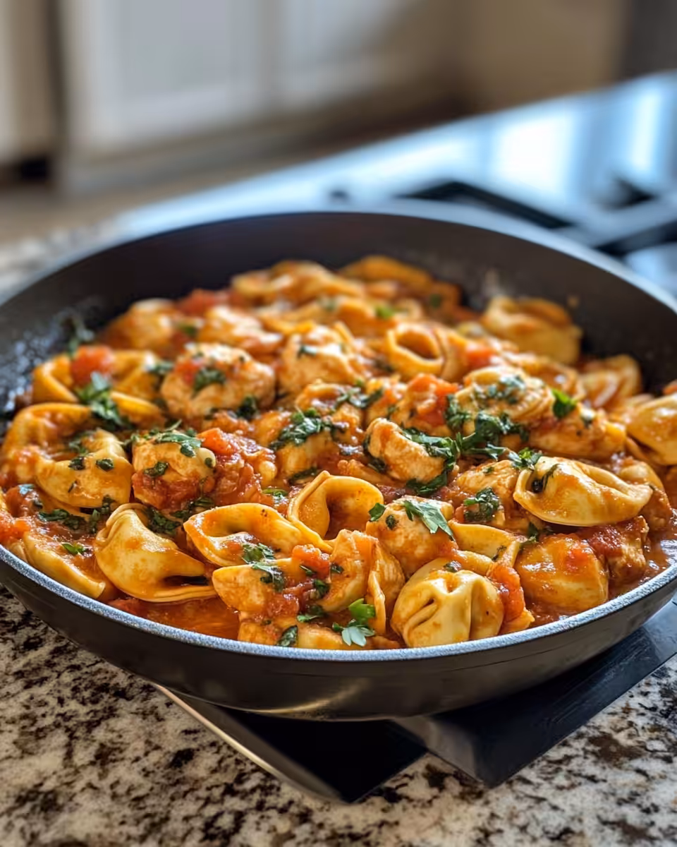 Ingredients of chicken tortellini including sun-dried tomatoes and garlic