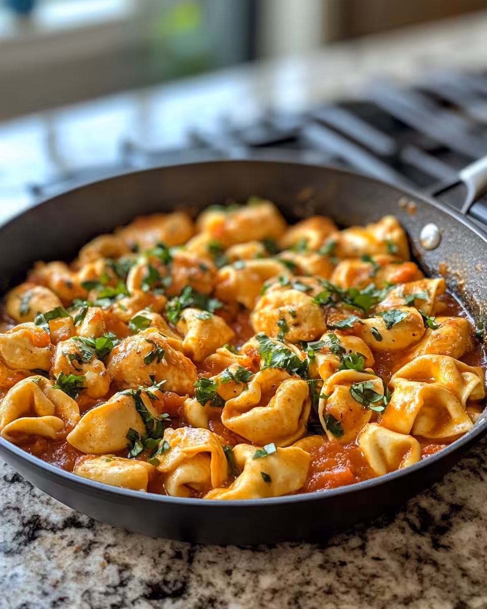 Creamy cooked chicken tortellini served with Parmesan and basil