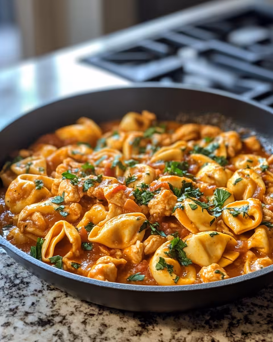 Pressure cooker bubbling with garlic butter chicken tortellini