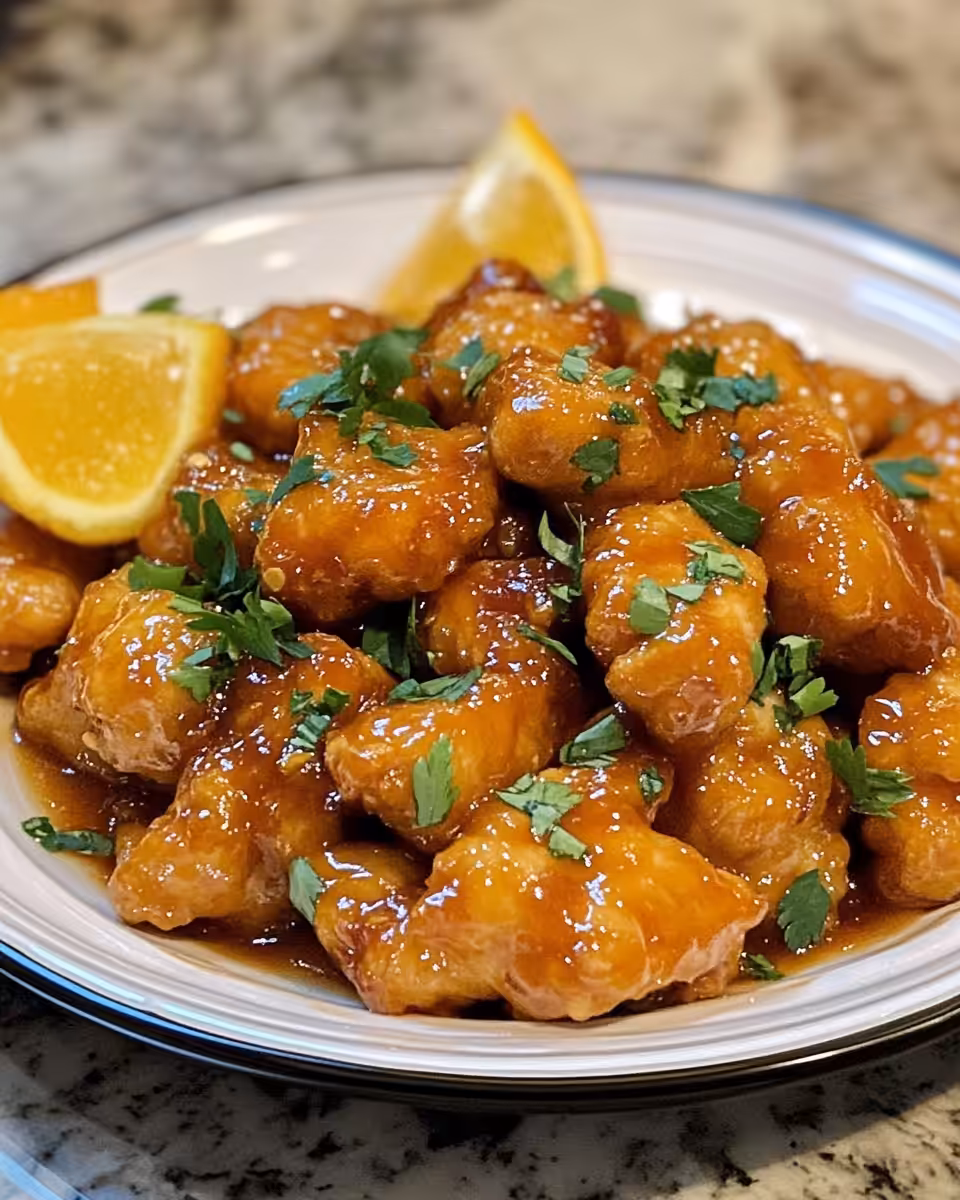Fried orange chicken pieces coated with tangy sauce served on plate