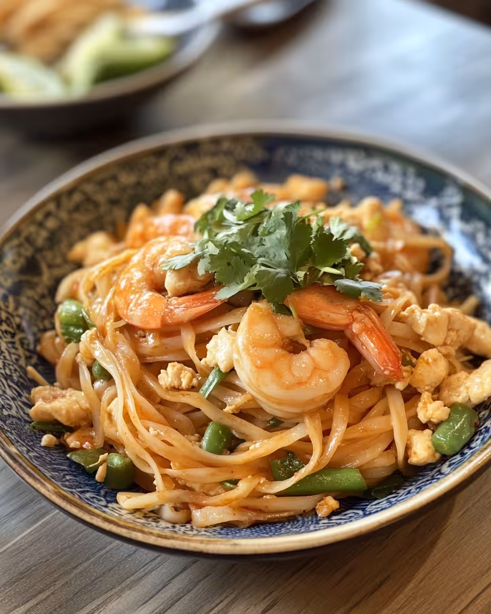 Final plated Pad Thai dish garnished with lime wedges and crushed peanuts