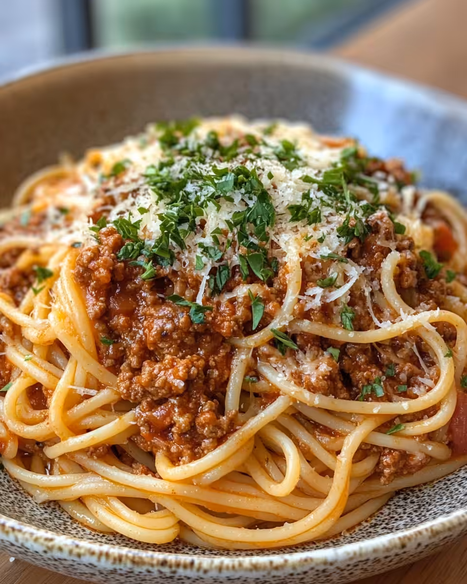 Plated pasta bolognese with fresh Parmesan cheese and herbs