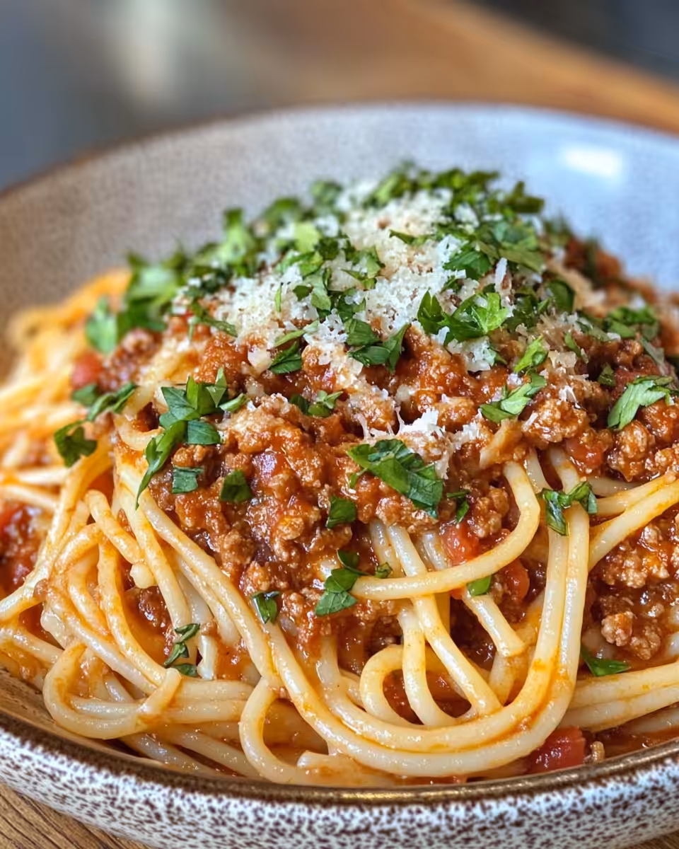Classic Italian pasta Bolognese freshly cooked in pot with steam