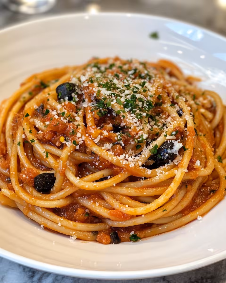Ingredients for Pasta Puttanesca on wooden board with tomatoes, olives, and capers