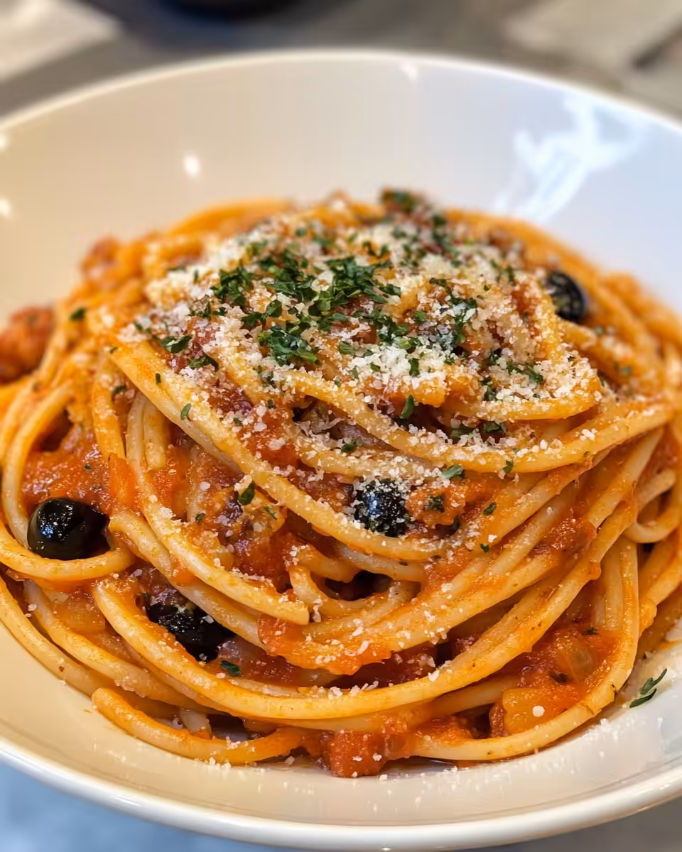 Serving of finished Pasta Puttanesca garnished with fresh parsley