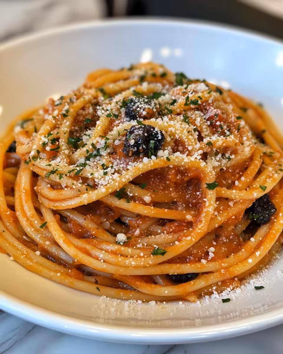 Close up of Pasta Puttanesca in pressure cooker with steam