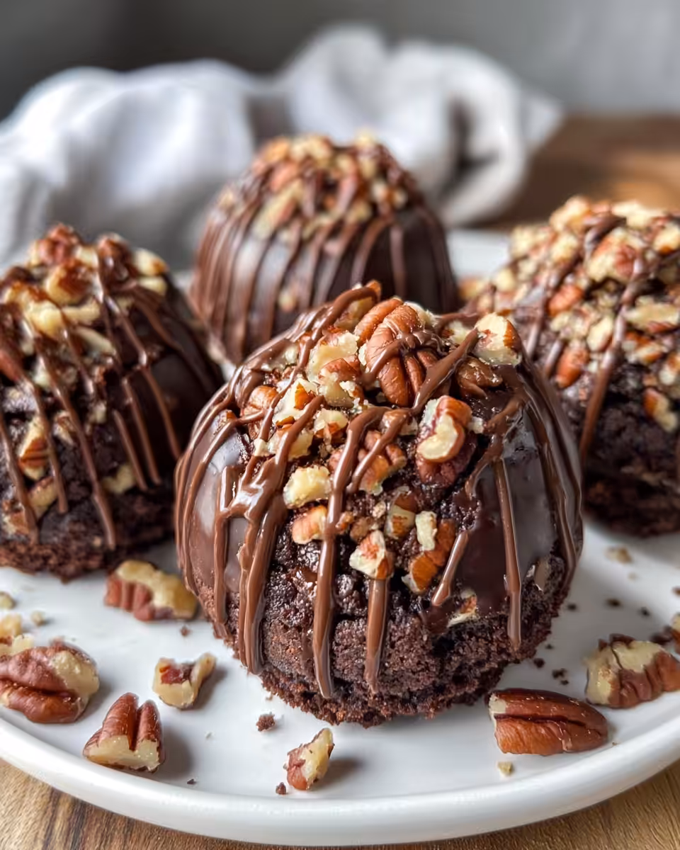 Finished pecan pie brownie bombs ready to eat on a serving tray