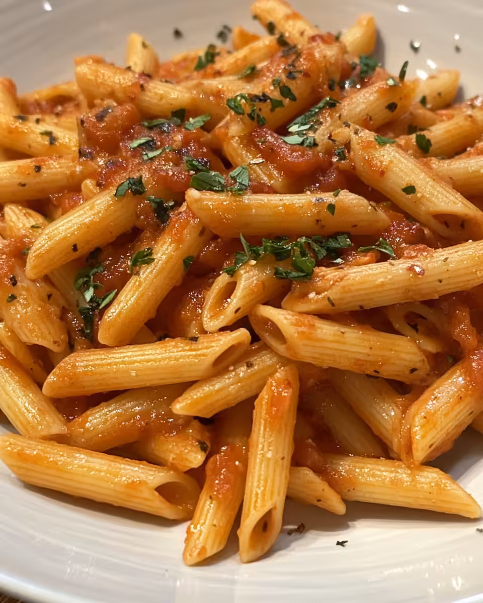 Served penne arrabbiata pasta garnished with chili flakes and Parmesan