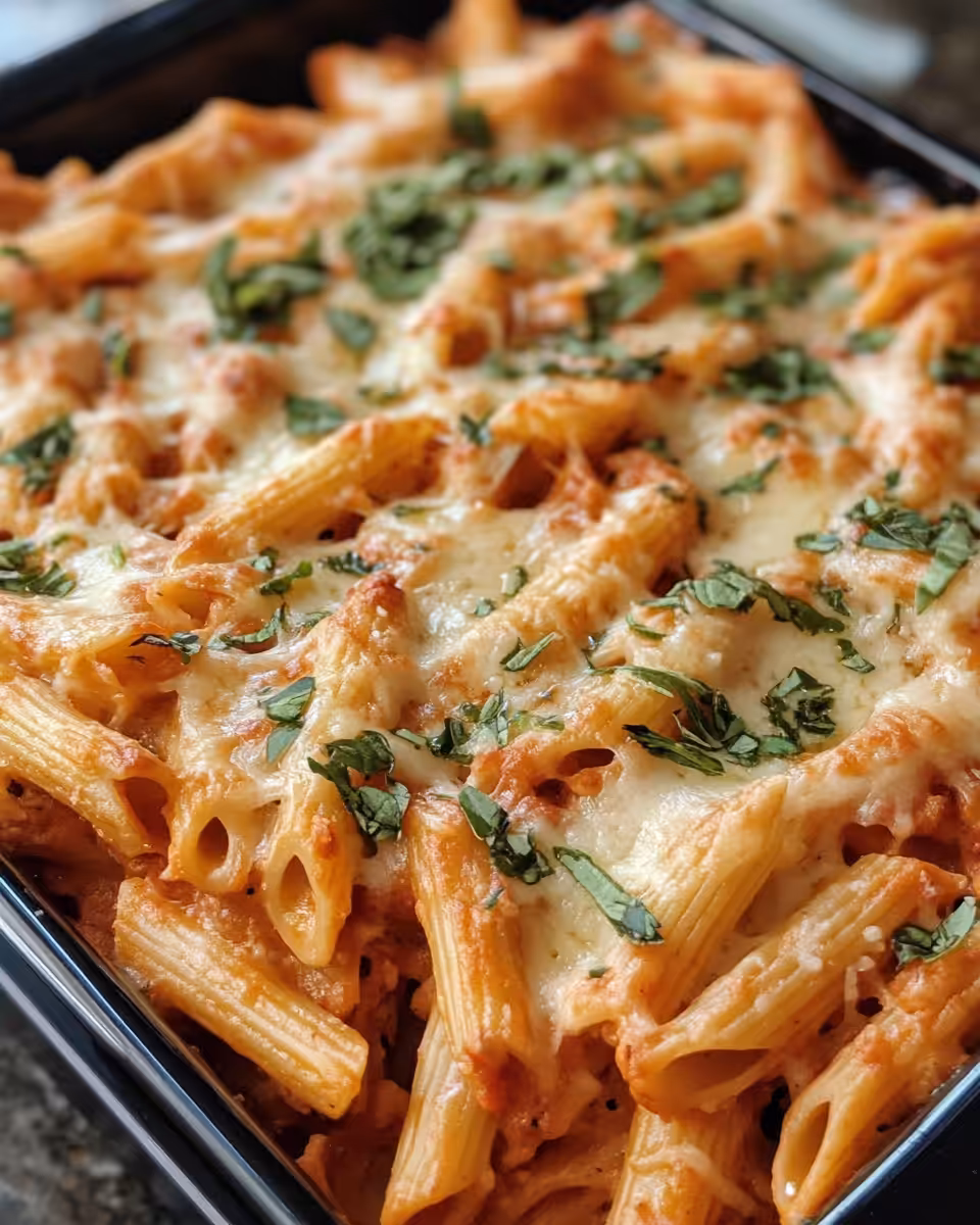 Million Dollar Penne Pasta Bake fresh from the oven, golden and bubbly