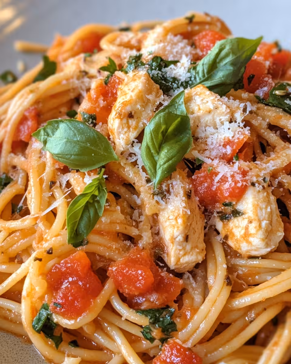 Beautifully served bruschetta chicken pasta drizzled with balsamic glaze