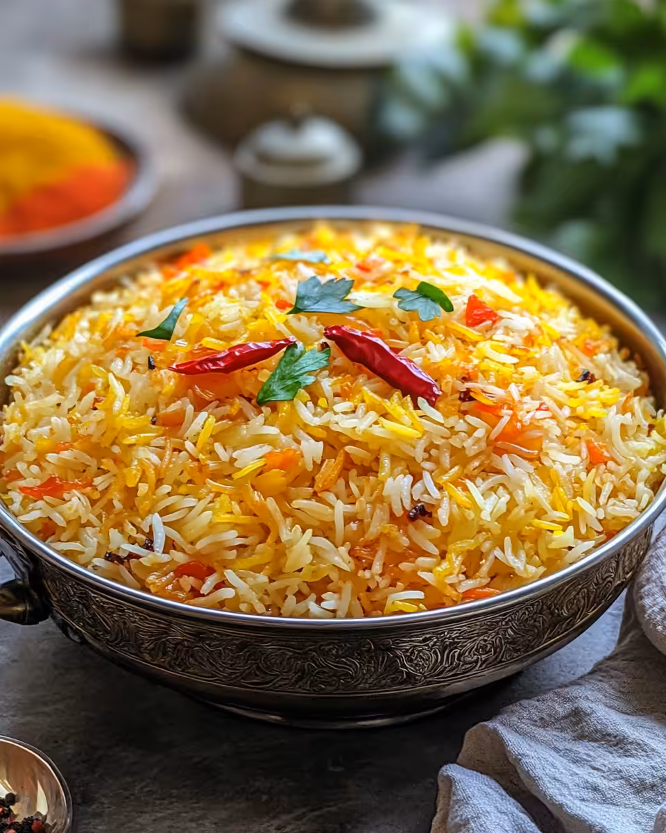 Served Persian jeweled rice with nuts and fruit garnish