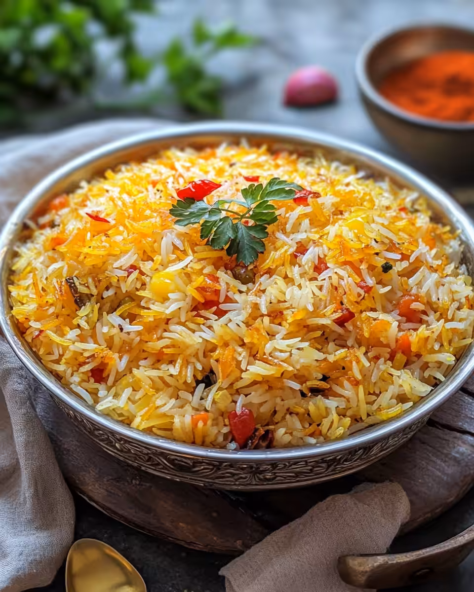 Close up of saffron soaked basmati rice cooking with float valve steam
