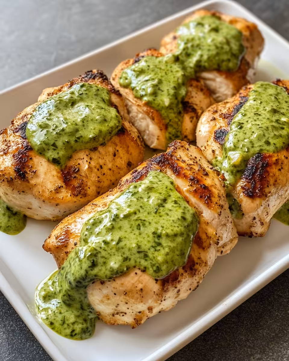 Served pressure cooker chicken with creamy green sauce garnished