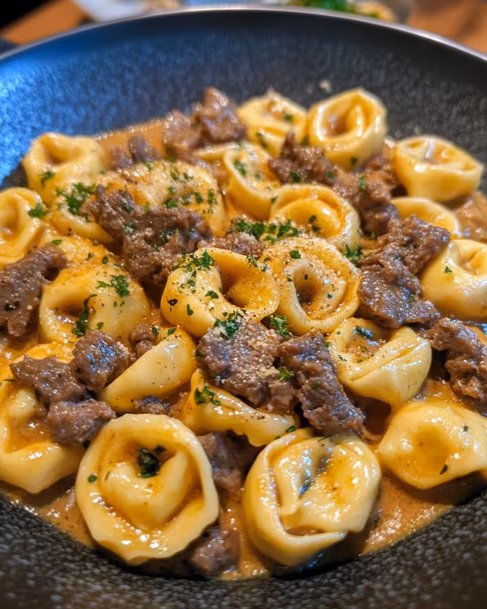 Ingredients including ground beef, peppers, onions, and cheese for tortellini casserole