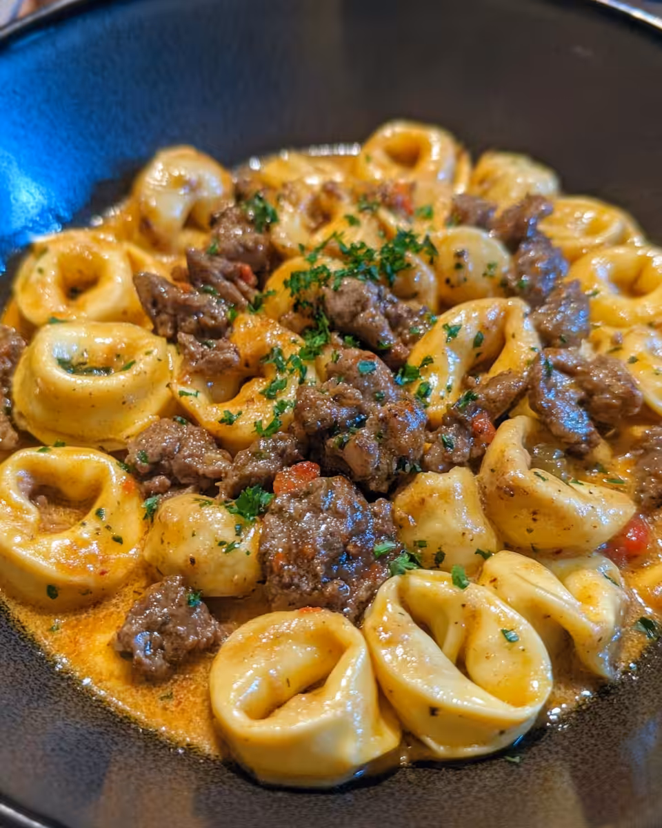 Creamy melted mozzarella-topped tortellini pasta fresh from slow cooker