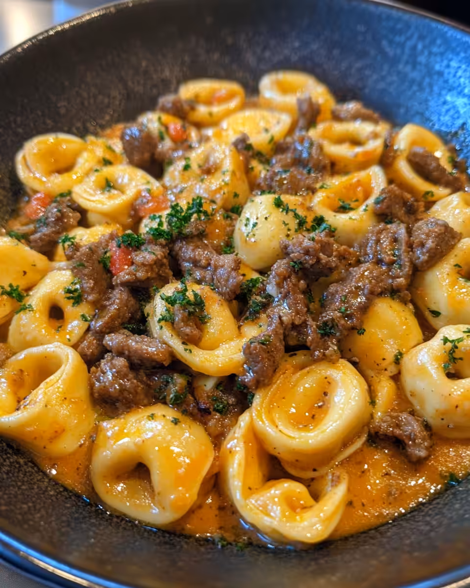 Cheesy tortellini bubbling with browned beef and vegetables in slow cooker