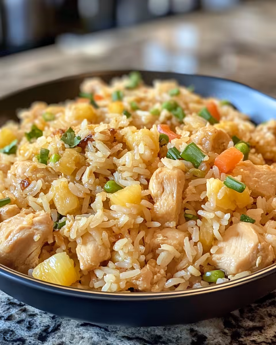 Ingredients and preparation steps for pineapple chicken fried rice