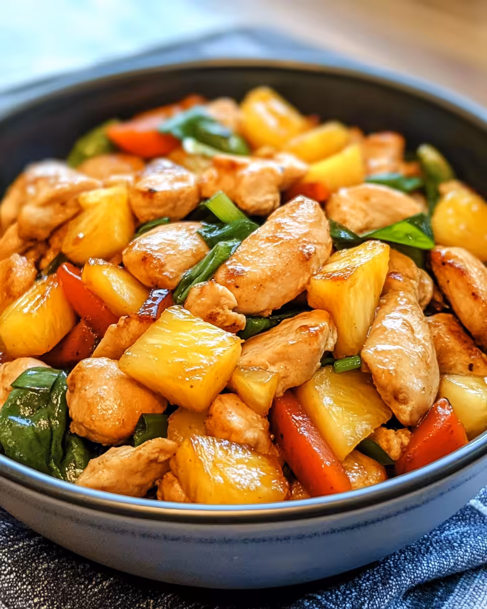 Cooking Pineapple Chicken Stir Fry in skillet showing chicken and vegetables