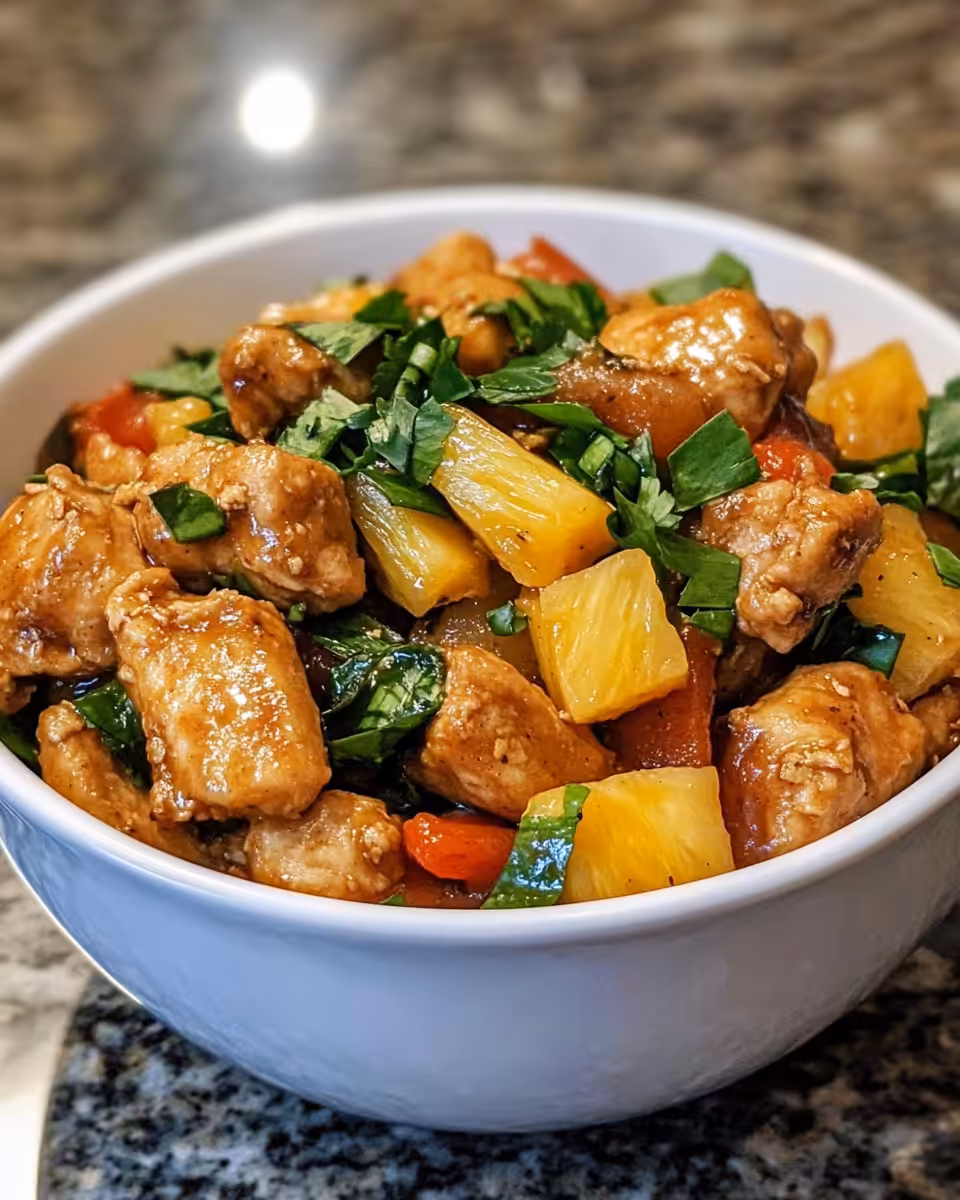Golden pineapple chicken stir fry served on plate
