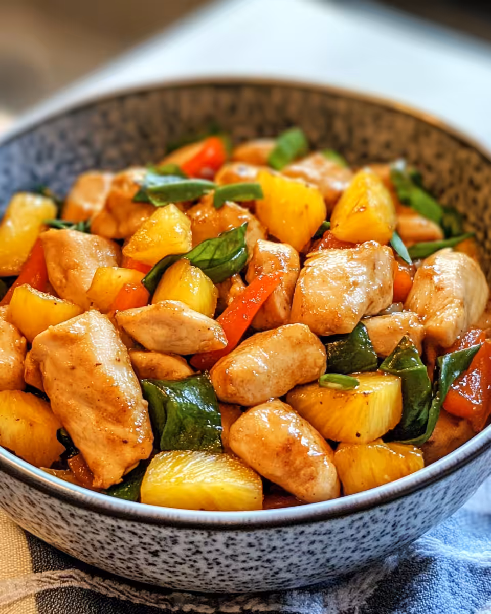 Pressure cooker releasing steam while cooking Pineapple Chicken Stir Fry