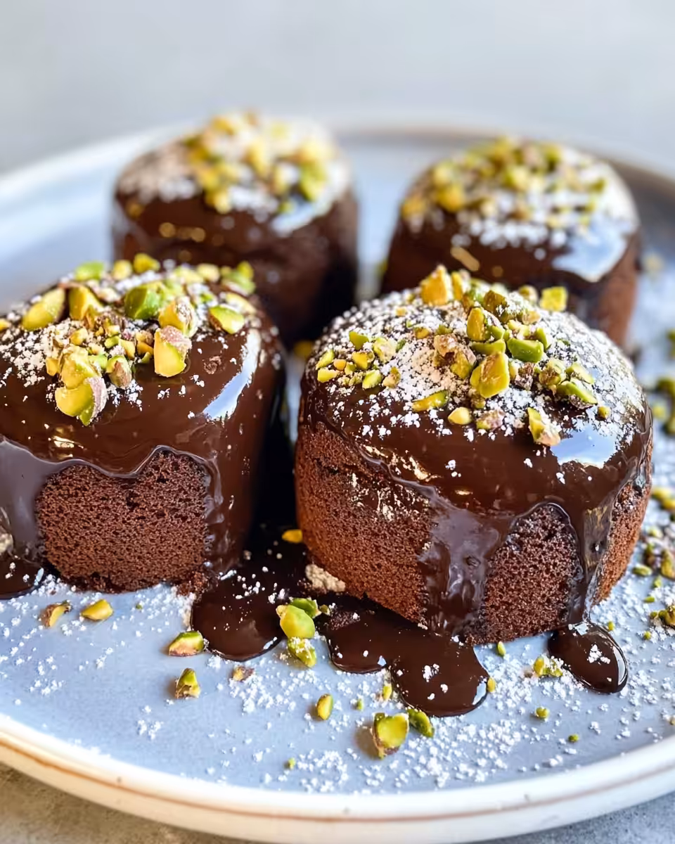 Ingredients for molten lava cakes including chocolate and pistachios laid out