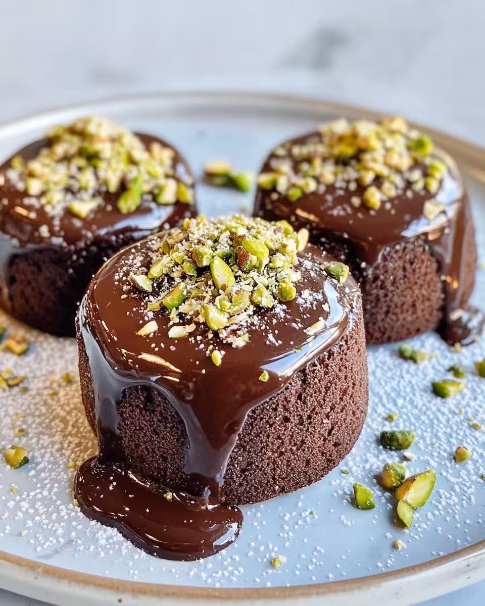 Close up of molten lava cake with gooey chocolate center and pistachios on top