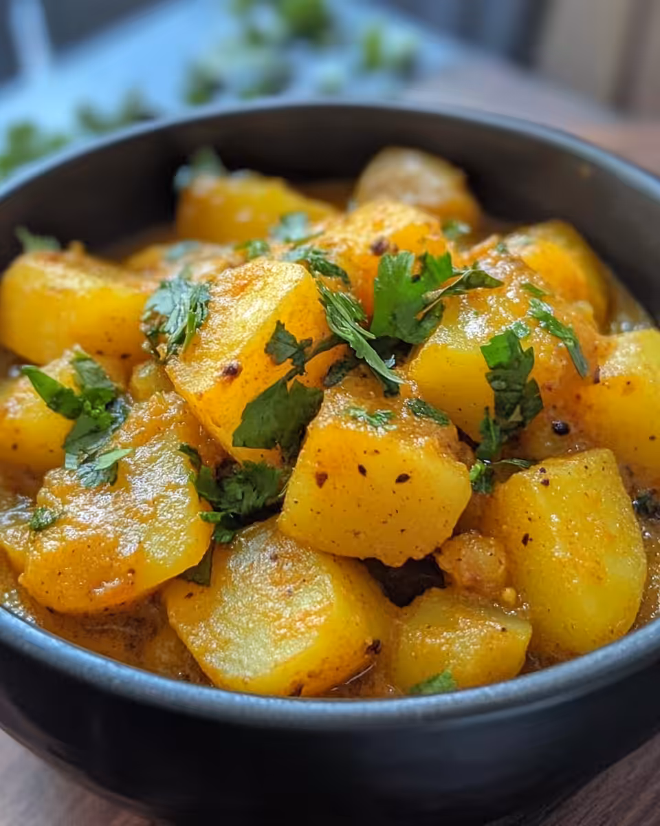 Fresh ingredients for potato curry including spices, coconut milk, and potatoes