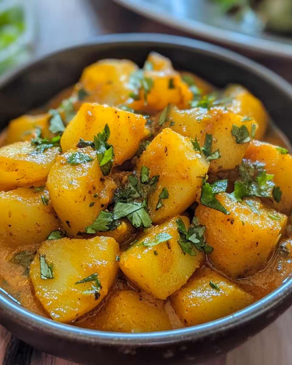 Serving of finished creamy potato curry garnished with fresh cilantro