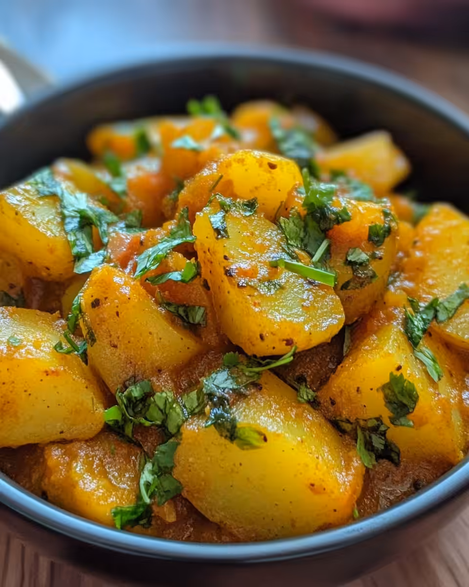 Steam and aroma rising from pressure cooker with potato curry inside