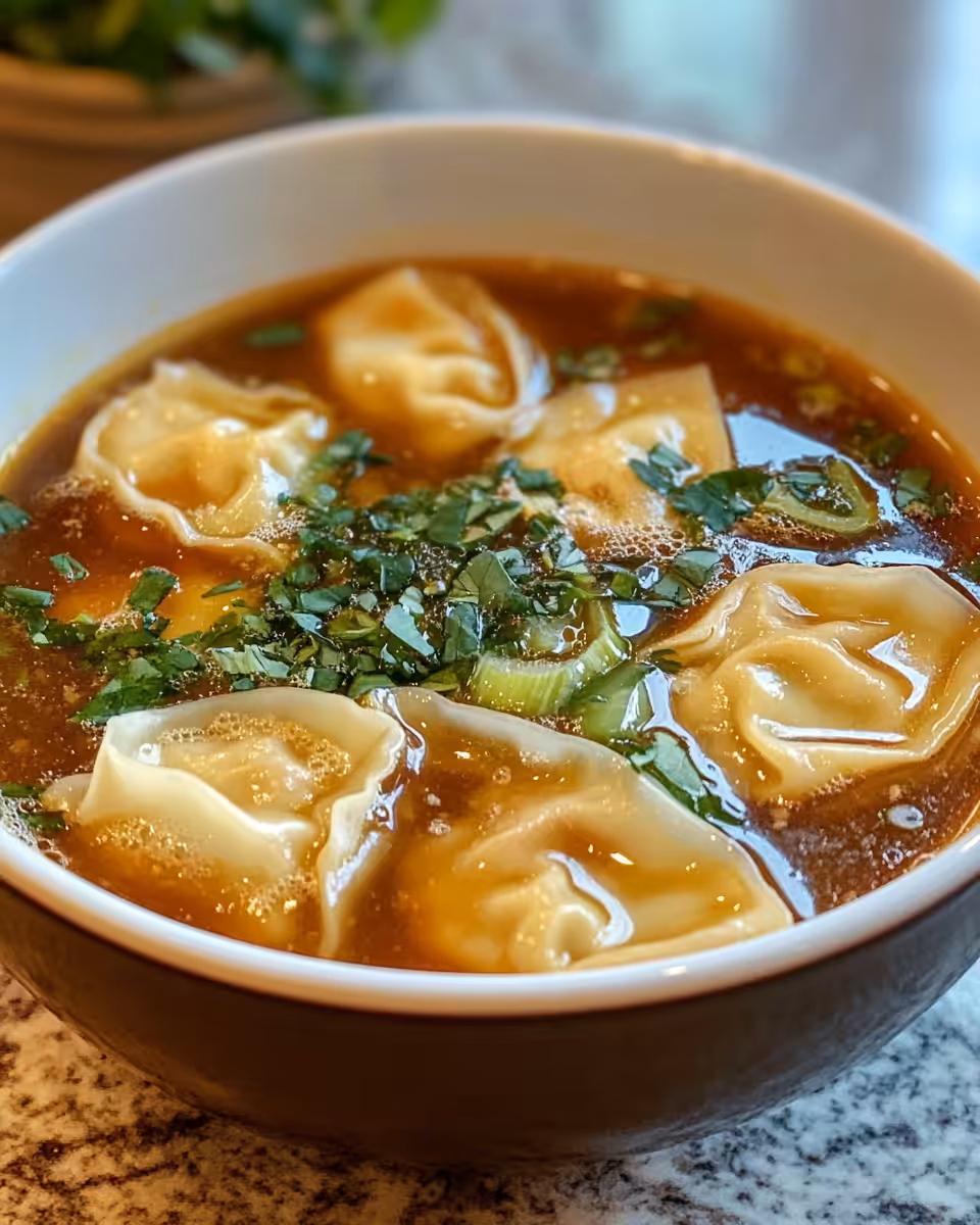 Final potsticker soup served hot with scallions and sesame oil drizzle