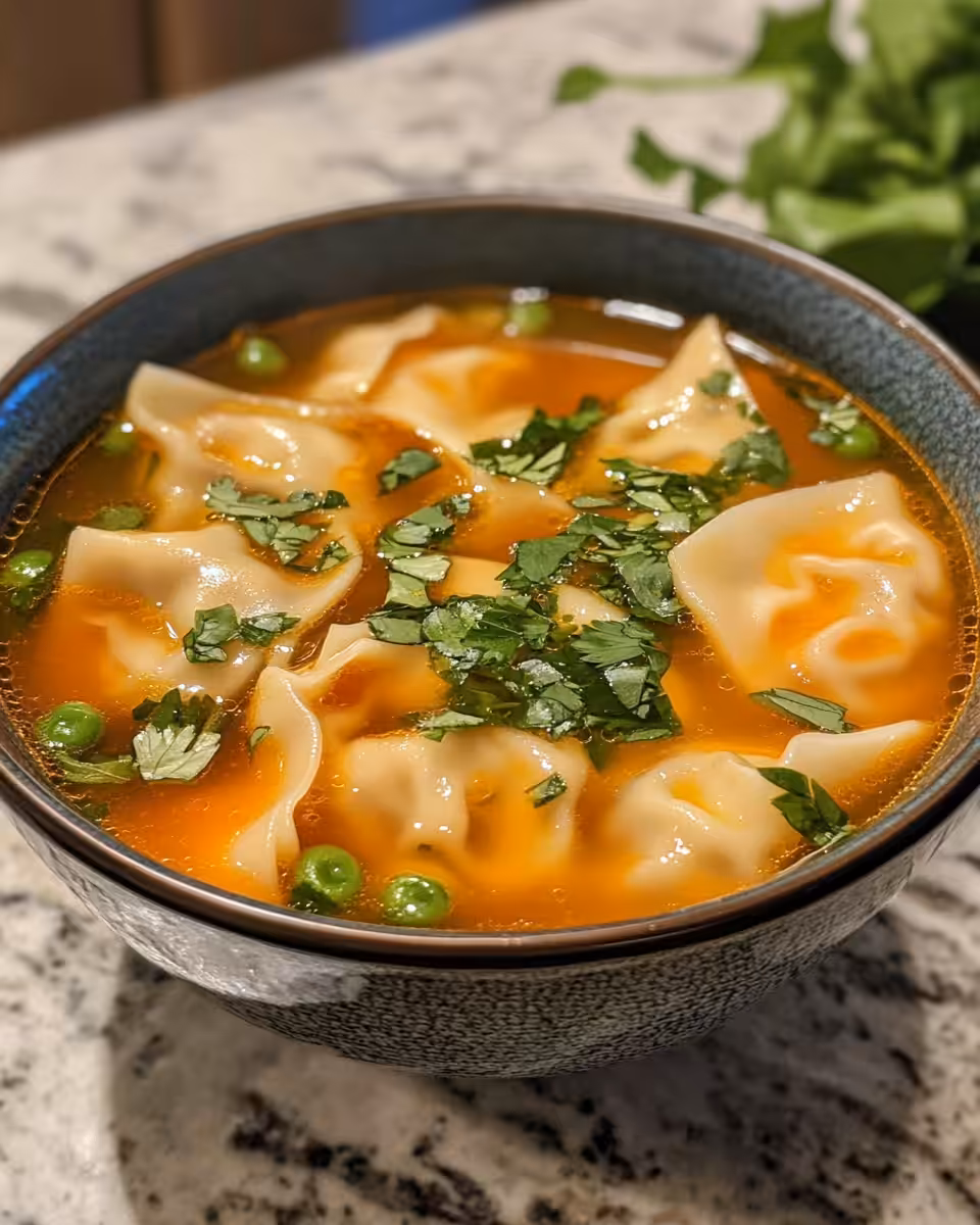 Bowl of finished potsticker soup garnished with scallions and bok choy