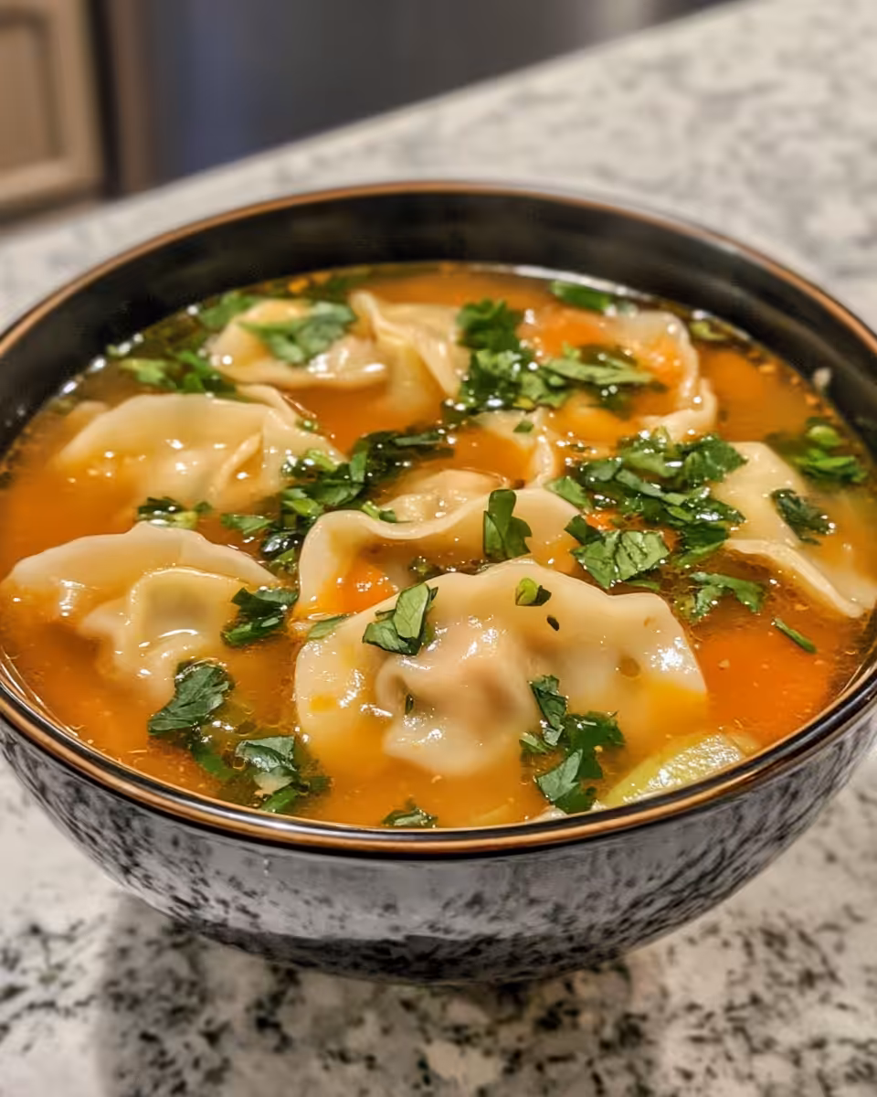Steaming hot potsticker soup in a bowl with fresh vegetables