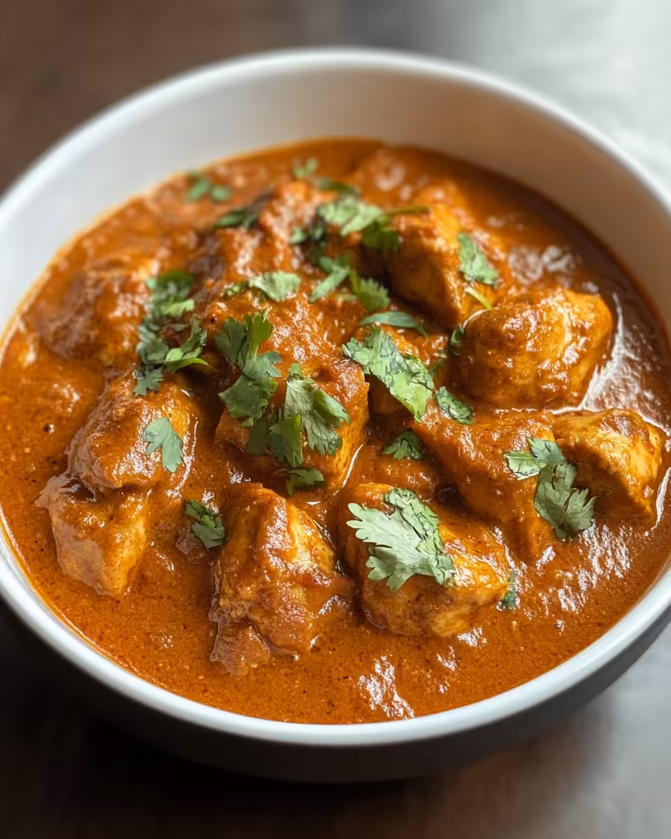 Ingredients for butter chicken including yoghurt, spices, chicken pieces, and tomato passata