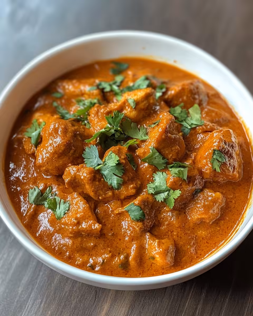 Creamy butter chicken served over basmati rice with fresh cilantro garnish